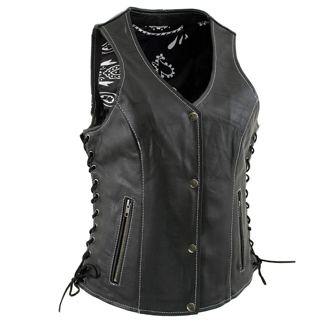 Milwaukee Leather LKL4711 Women's Black Premium Leather Motorcycle Vest with Side Lace Adjustment