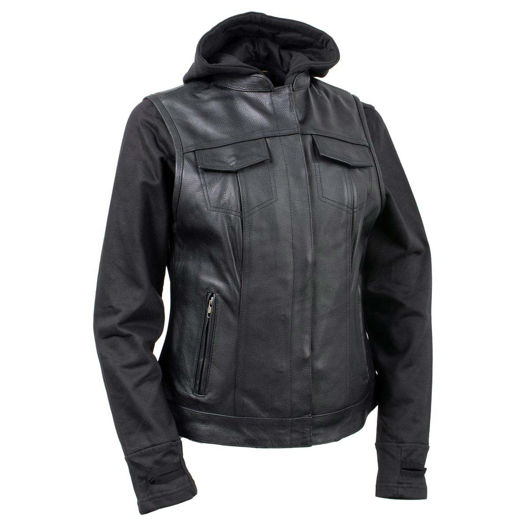 Milwaukee Leather Women's Tara Black Leather Motorcycle Rider 2-in-1 Convertible Hoodie Jacket Vest - LKL4712