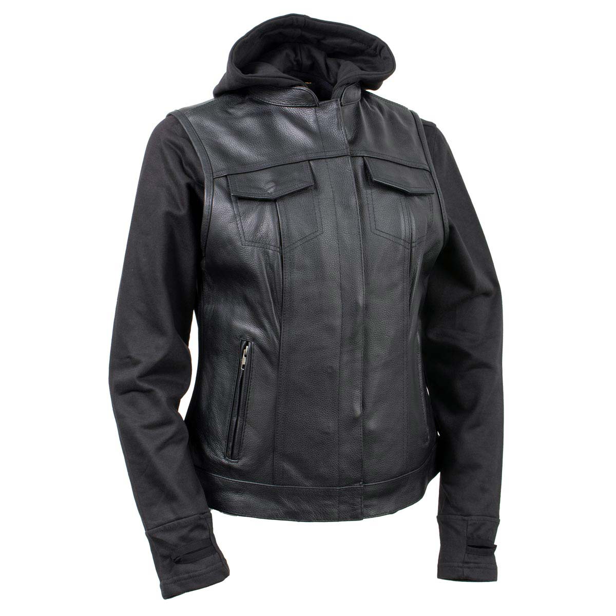 Milwaukee Leather Women's Tara Black Leather Motorcycle Rider 2-in-1 Convertible Hoodie Jacket Vest - LKL4712