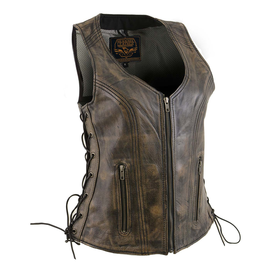 Milwaukee Leather Women's Bella Distressed Brown Leather Motorcycle Vest with Side Laces - LKL4719