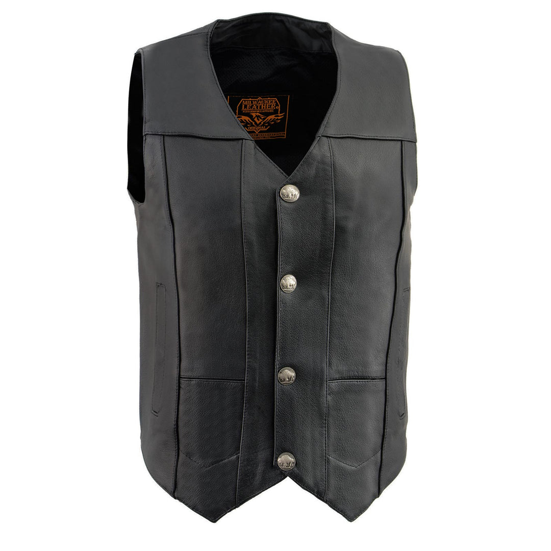 Milwaukee Leather LKM3700 Men's Classic Black Leather Motorcycle Rider Vest w/ Buffalo Nickel Snaps Closure