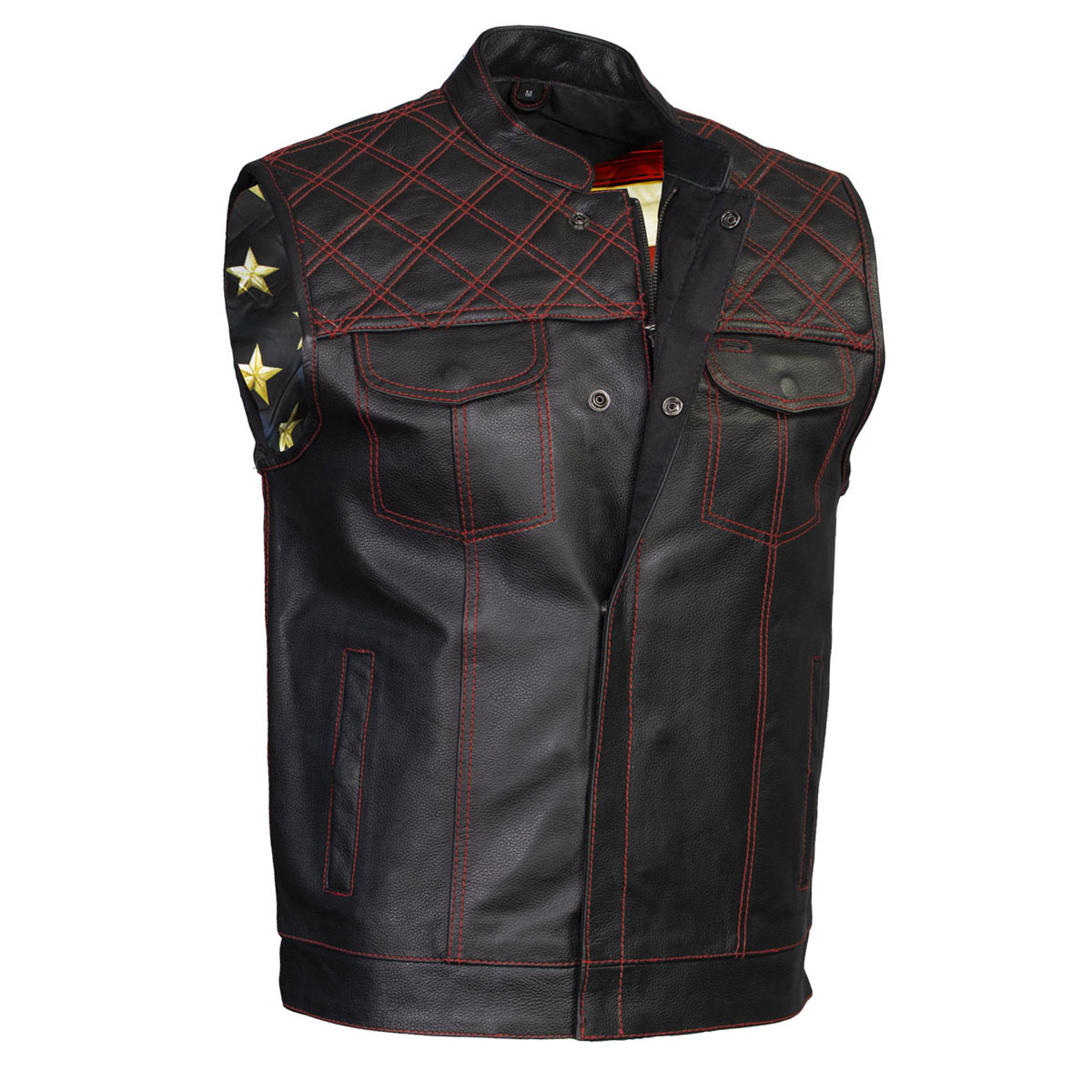 Milwaukee Leather LKM3782 Men's Classic Black Premium Leather Motorcycle Vest with USA Flag Liner