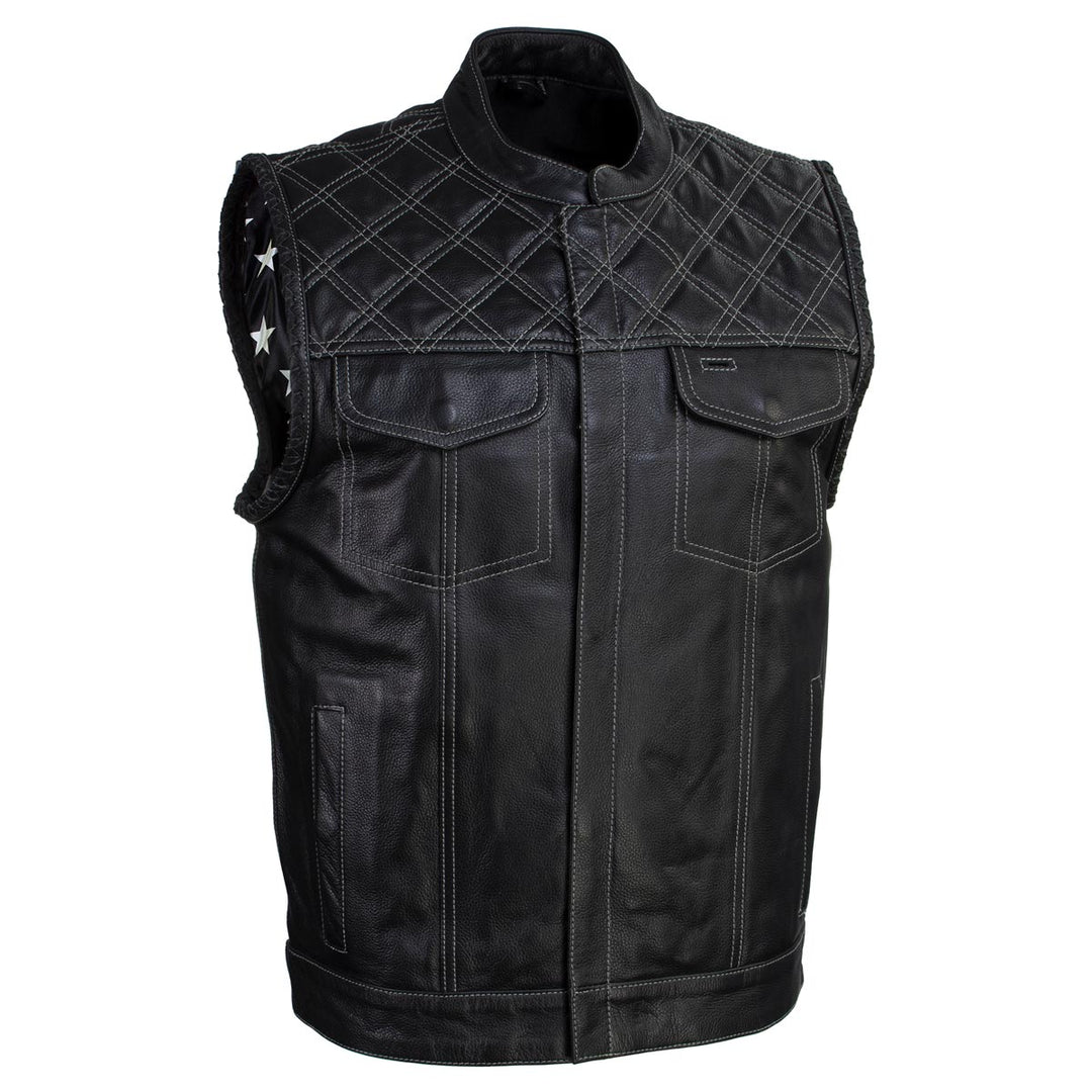 Milwaukee Leather LKM3784 Men's Classic Black Leather Motorcycle Rider Vest Stars and Stripes Design w/ USA Flag Liner