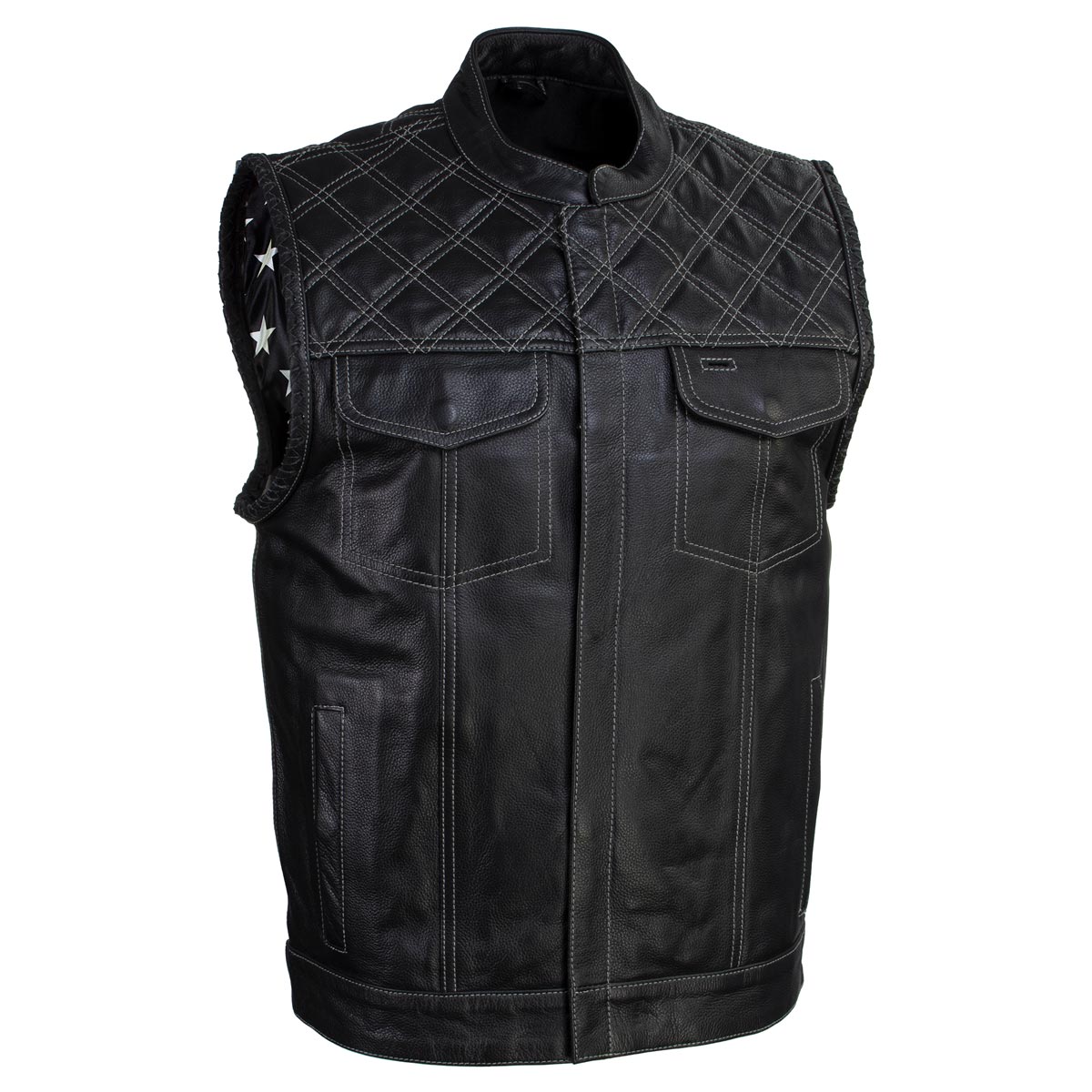 Milwaukee Leather LKM3784 Men's Classic Black Leather Motorcycle Rider Vest Stars and Stripes Design w/ USA Flag Liner