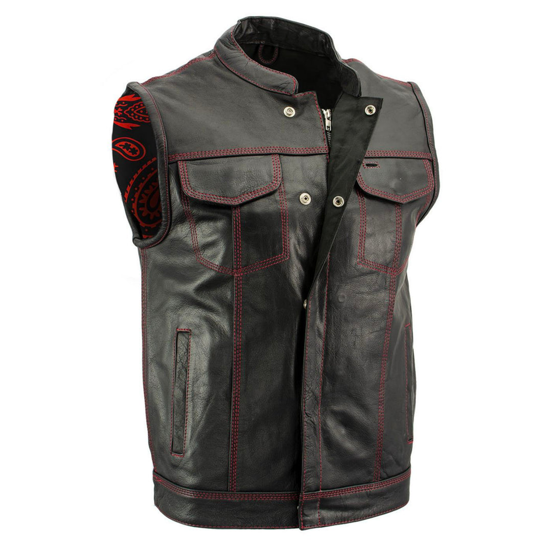 Milwaukee Leather Men's Redline Ledger Club‑Style Motorcycle Premium Leather Vest w/ Red Stitching LKM3788