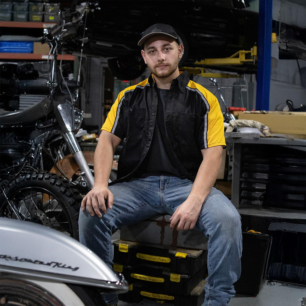 Milwaukee Motorcycle Clothing Co. Men’s Blk/Yellow Mechanic Work Shirt – w / Reflective Strip, Rider‑Built MDM11600