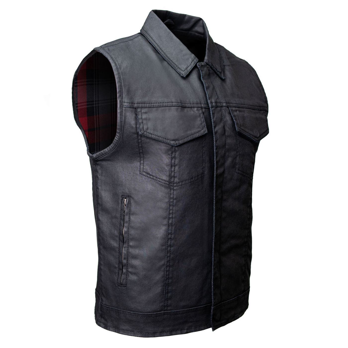 Milwaukee Leather MDM3030 Men’s Black Waxy Coated Denim Club Style Motorcycle Rider Vest w/ Shirt Collar