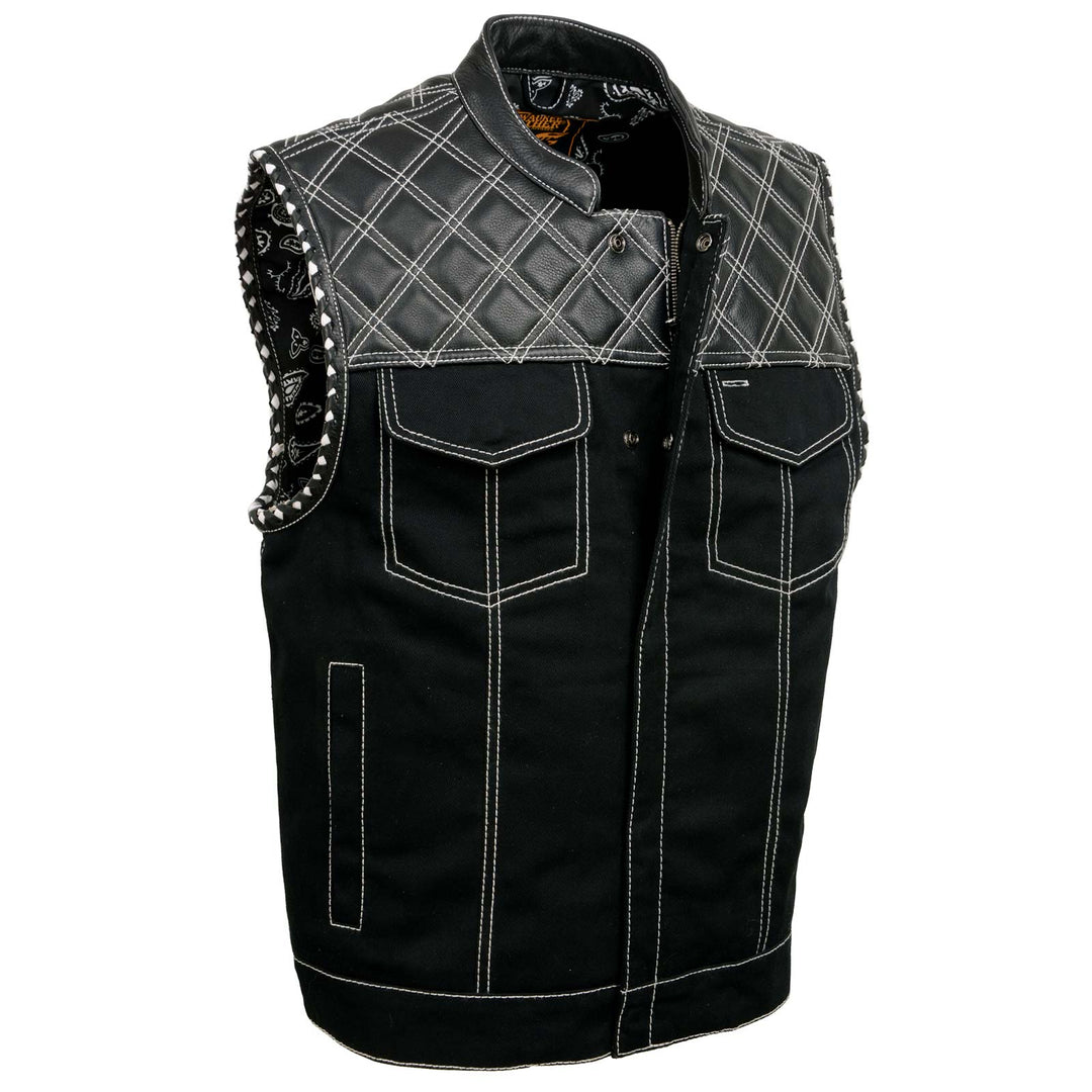 Milwaukee Leather MDM3035 Men’s Wrecker Club Vest – Black Denim & Leather, Diamond Quilt, White Stitch