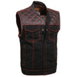 Milwaukee Leather MDM3036 Men’s Wrecker Club Vest – Black Denim & Leather, Diamond Quilt, Red Stitch