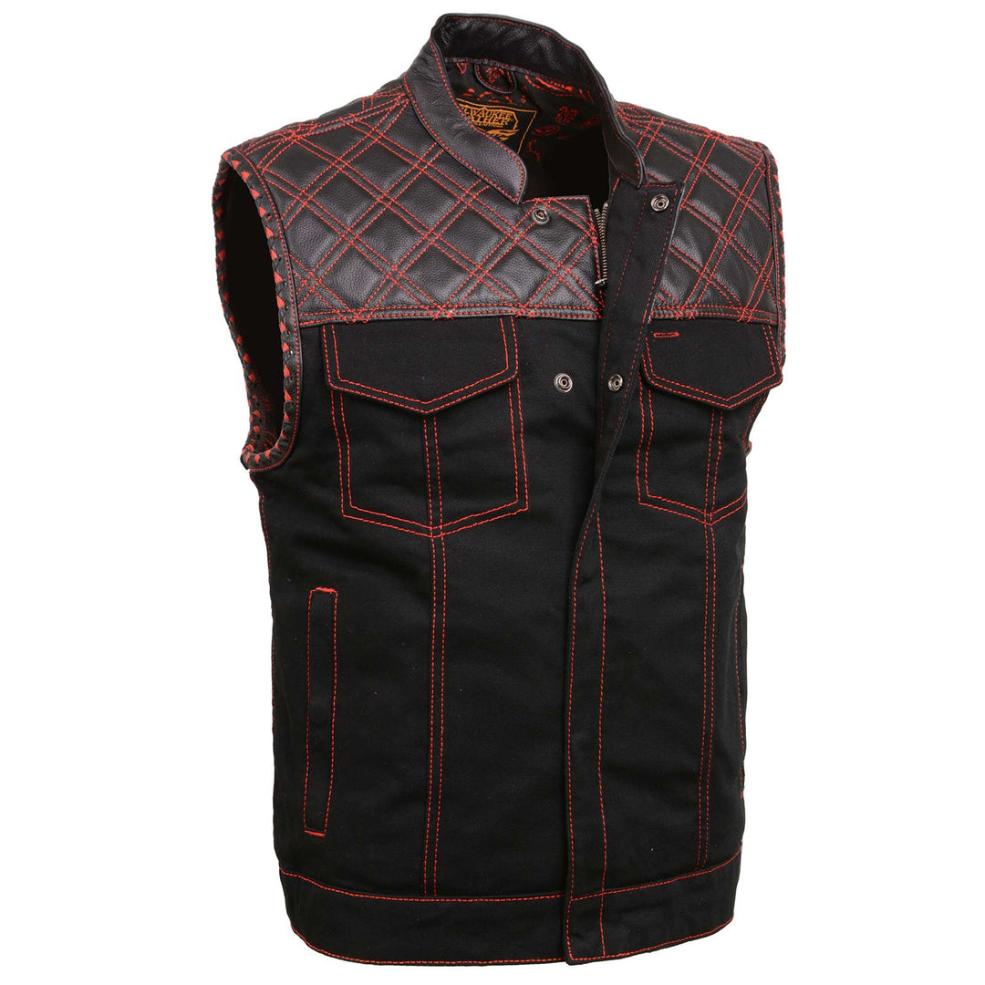 Milwaukee Leather MDM3036 Men’s Wrecker Club Vest – Black Denim & Leather, Diamond Quilt, Red Stitch