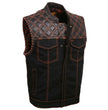 Milwaukee Leather MDM3037 Men’s Wrecker Club Vest – Black Denim & Leather, Diamond Quilt, Orange Stitch