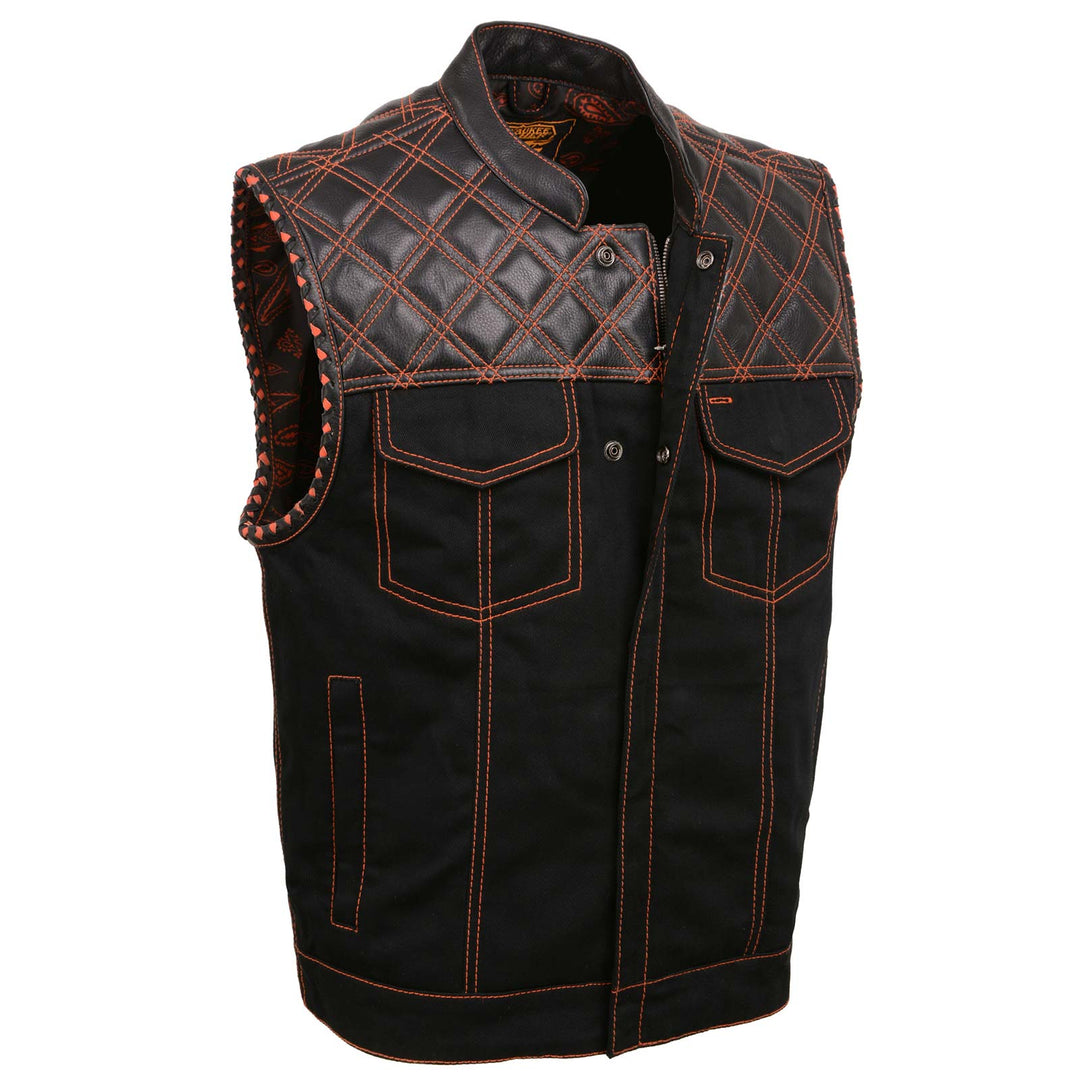 Milwaukee Leather MDM3037 Men’s Wrecker Club Vest – Black Denim & Leather, Diamond Quilt, Orange Stitch