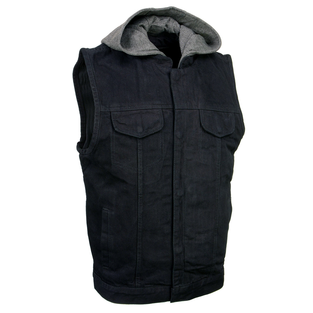 Milwaukee Leather Men's Rustic Black Denim Motorcycle Riding Vest with Removable Hoodie - MDM3082