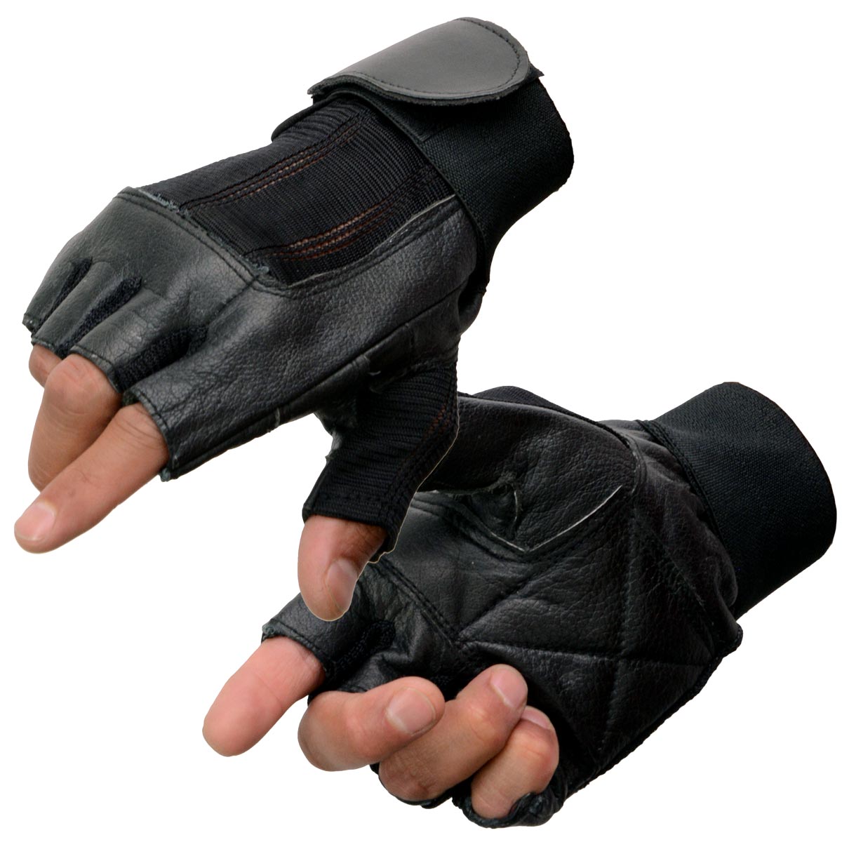 Milwaukee Leather MG7562 Men's Black Leather and Spandex Gel Padded Palm Fingerless Motorcycle Hand Gloves W/ Mesh Material