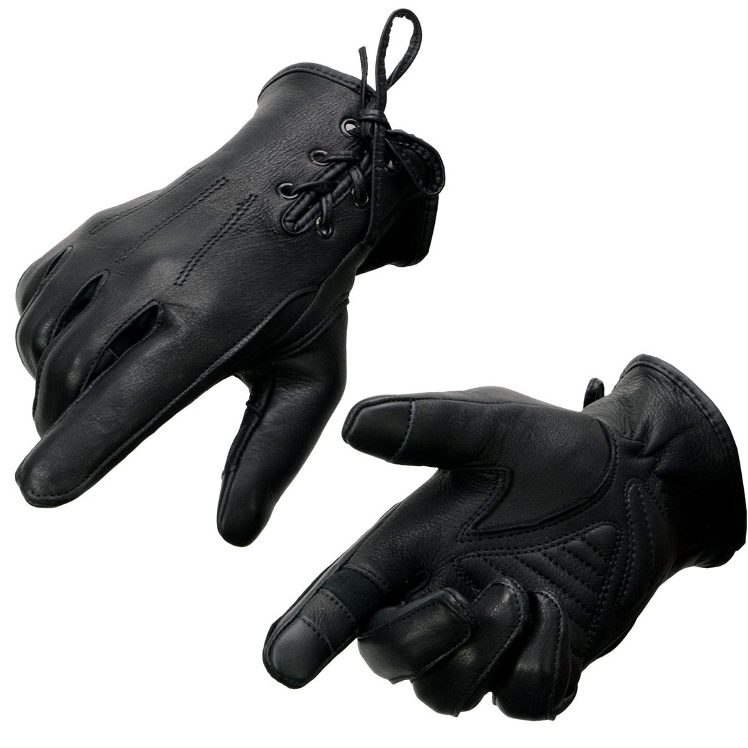 Milwaukee Leather MG7745 Women's Black Deerskin Laced Wrist Motorcycle Gloves w/ Gel Palm and i-Touch Screen