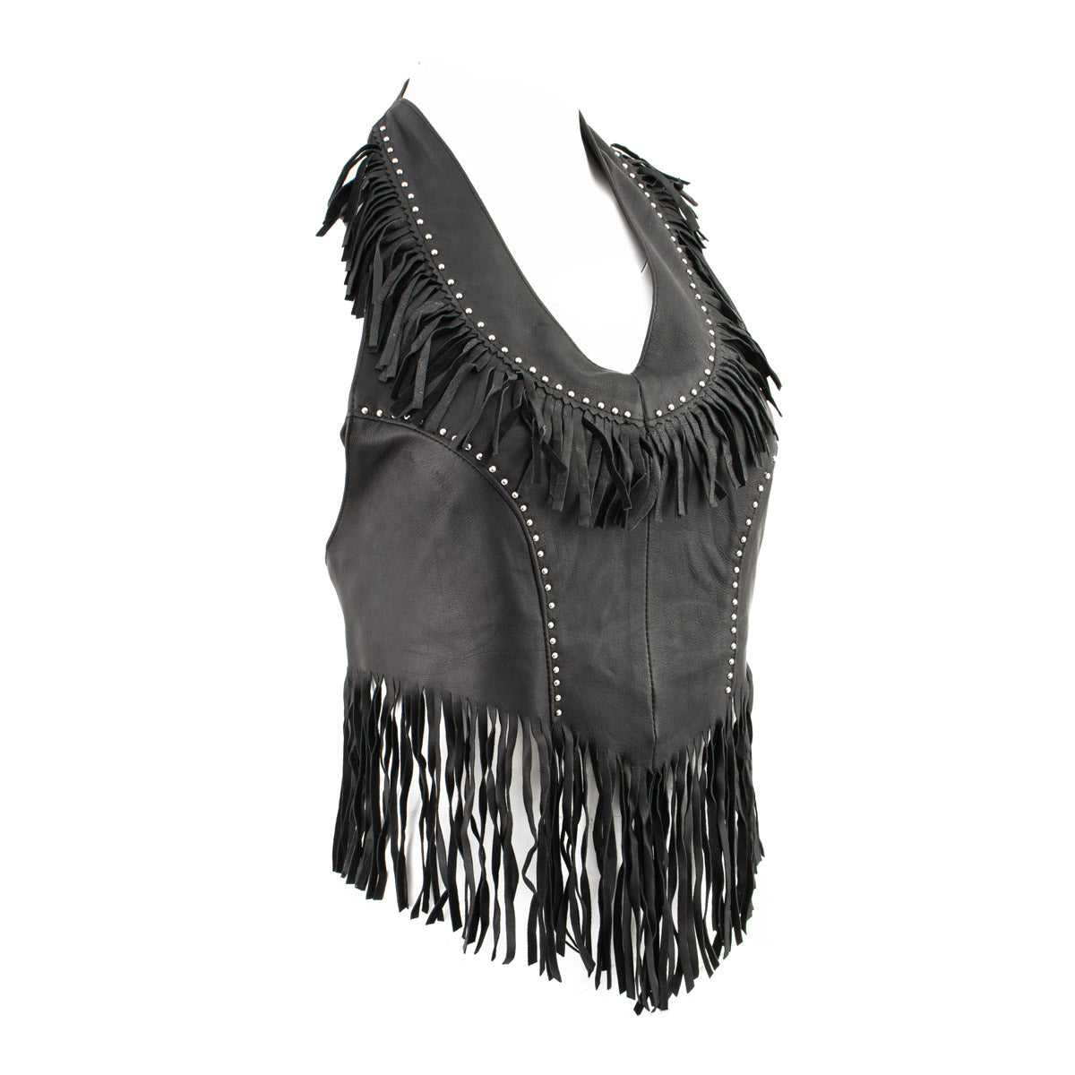 Genuine Leather ML1897 Ladies ‘Fringed’ Black Leather Halter Top