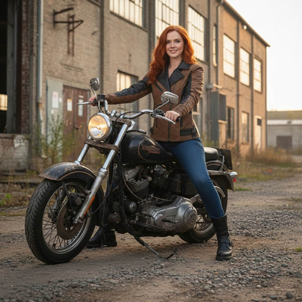 Milwaukee Leather MLL2508 Women's 'Dixie' Vintage Crazy Horse Brown and Black Leather Motorcycle Rider Jacket