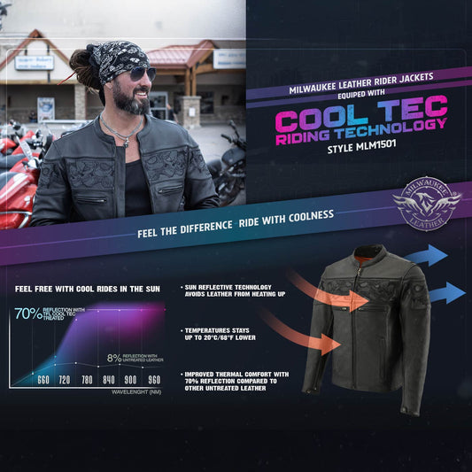 Milwaukee Leather MLM1501 Men's Reflective Skulls Premium Black Leather Motorcycle Jacket w/ Cool-Tec Treatement