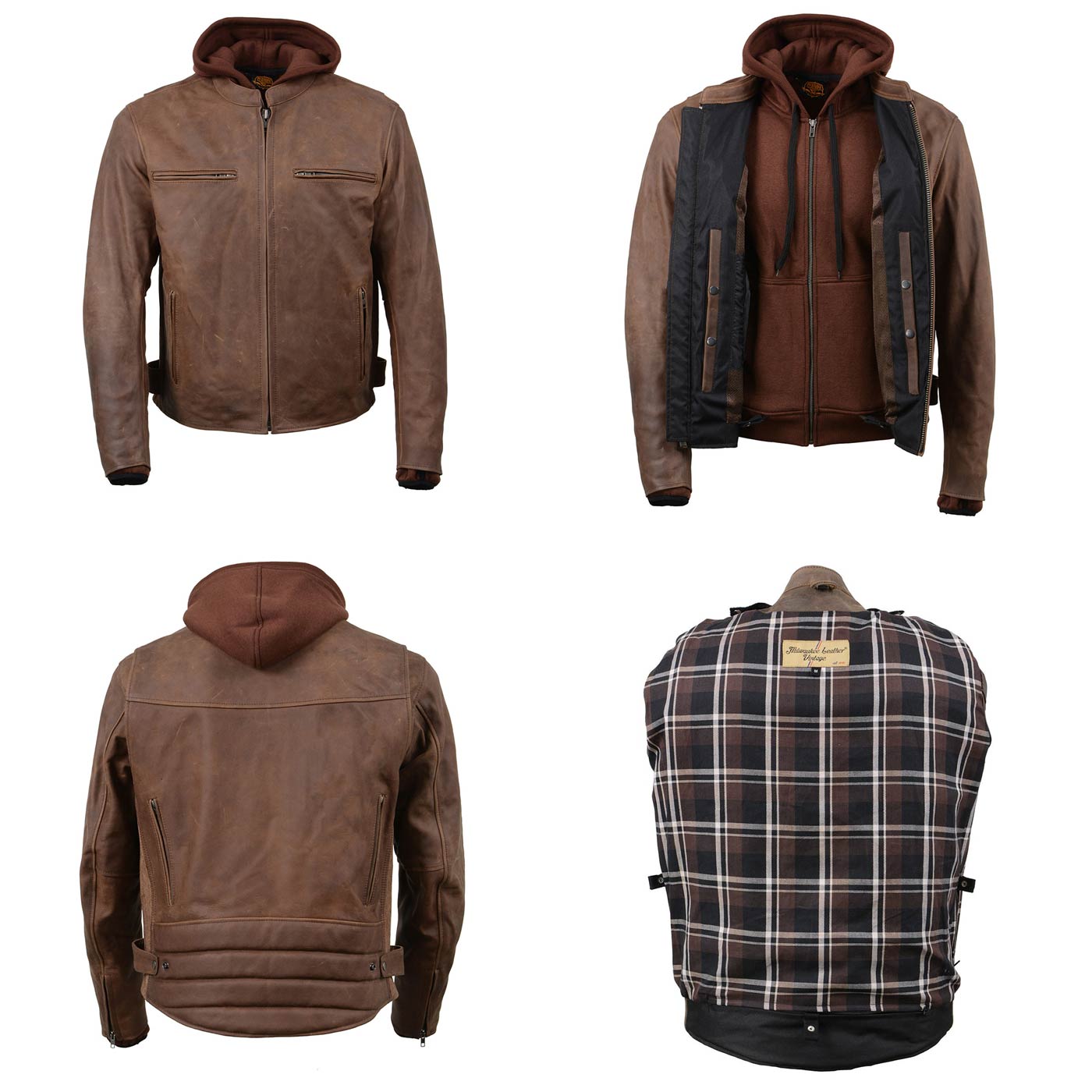 Milwaukee Leather MLM1518 Men's 'Scoundrel' Vintage Crazy Horse Brown Leather Jacket w/ Removable Hoodie