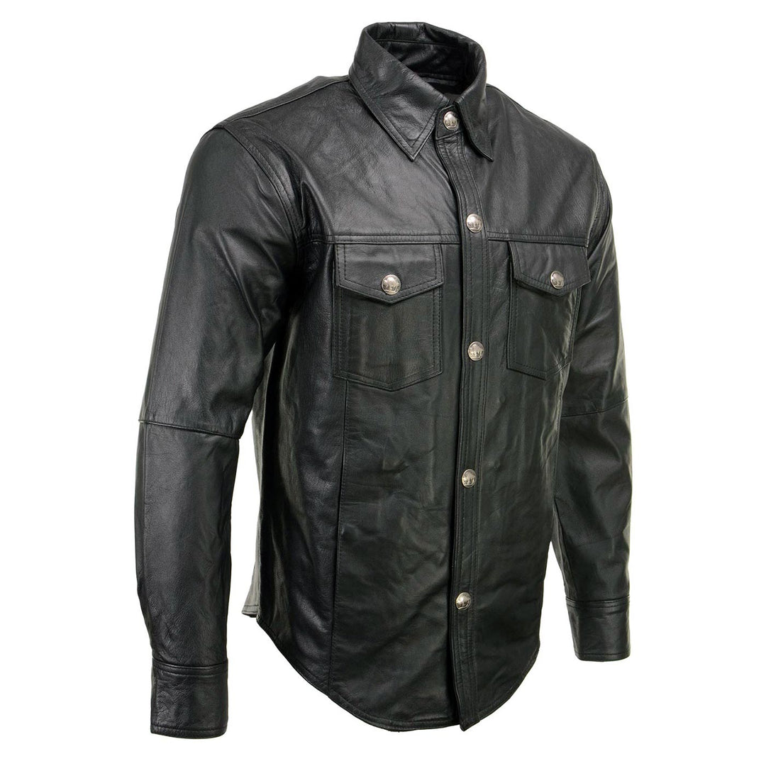 Milwaukee Leather MLM1611 Men's Premium Black Leather Casual Biker Rider Shirt w/ Vintage 5 Cent Buffalo Buttons
