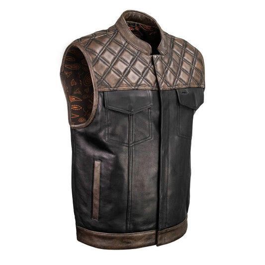 Milwaukee Leather MLM3529 Men's Black & Brown Paisley Lined Leather Vest w/ Accent Stitching & Armhole Trim