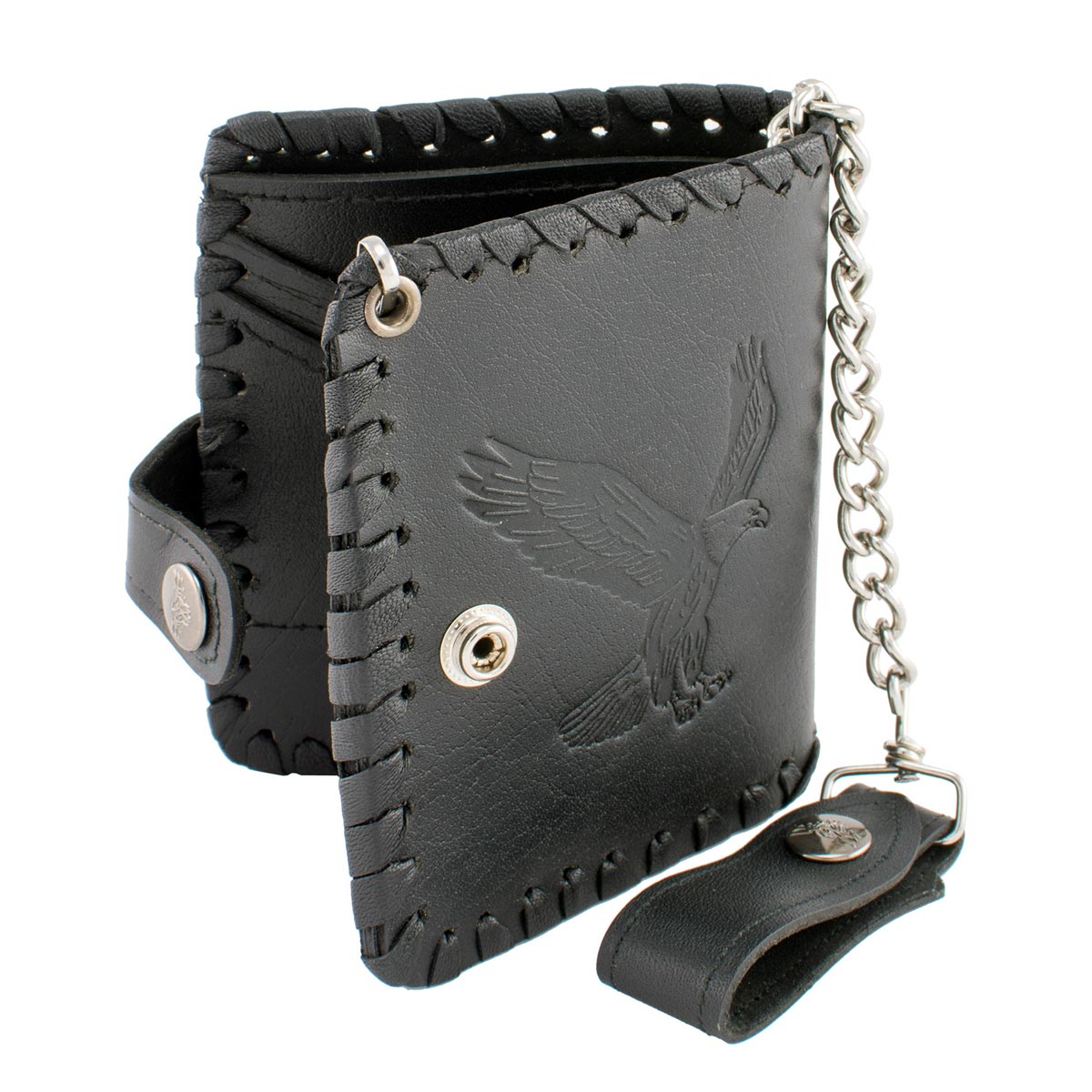 Milwaukee Leather MLW7800 Men's Black Leather 'Flying Eagle' Braided Bi-Fold Wallet with Steel Chain