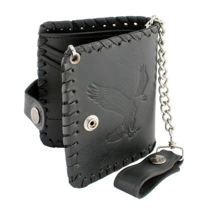 Milwaukee Leather MLW7800 Men's Black Leather 'Flying Eagle' Braided Bi-Fold Wallet with Steel Chain