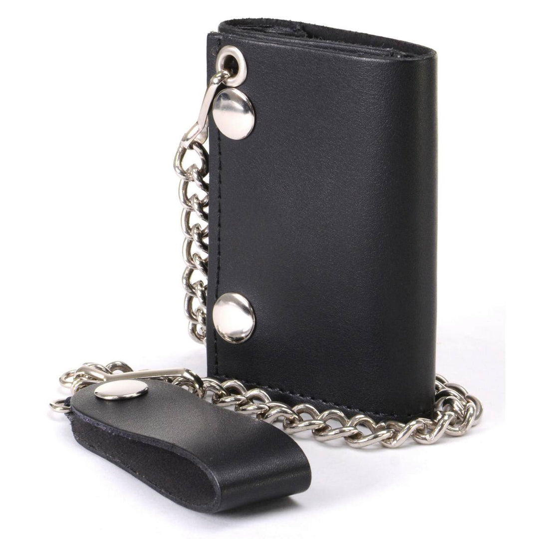 Milwaukee Leather MLW7831 Men's 4" Classic Black Plain Genuine Leather Tri-Fold Biker Wallet w/ Anti-Theft Stainless Steel Chain