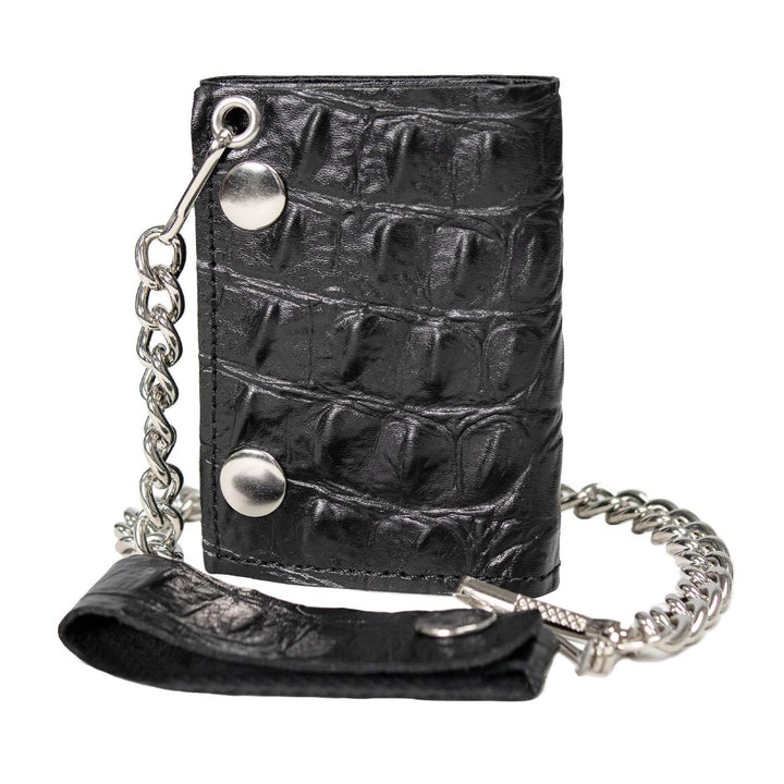 Milwaukee Leather Black Leather Crocodile-Stamped Tri-Fold Wallet, MLW7842
