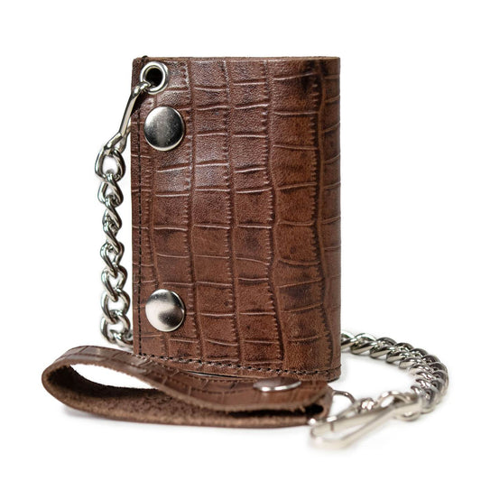 Milwaukee Leather Brown Leather Crocodile-Stamped Tri-Fold Wallet, MLW7849