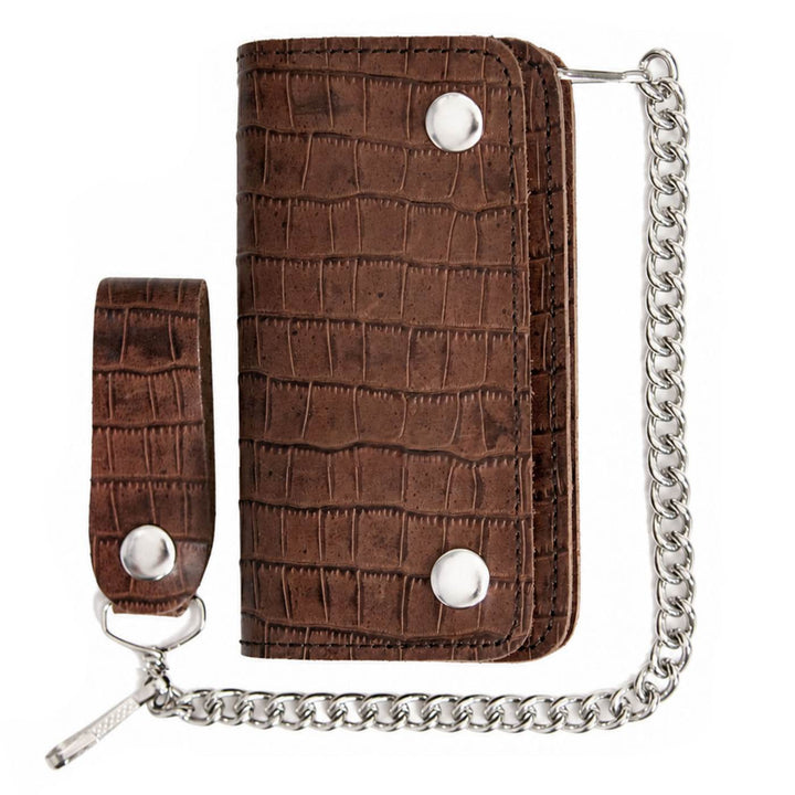 Milwaukee Leather Brown Crocodile-Stamped Biker Flap Chain Wallet, MLW7852