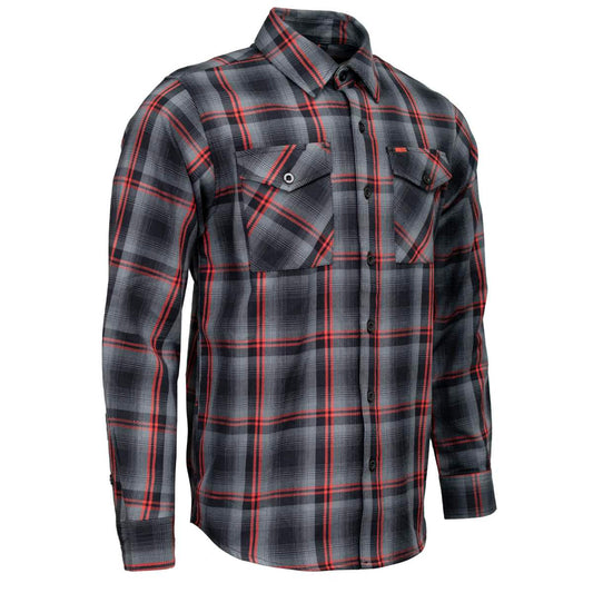 MMCC Men's Eclipse Grey Black Red Plaid Flannel Shirt - 100% Cotton with Microfiber Wipe Panel -MMC11605