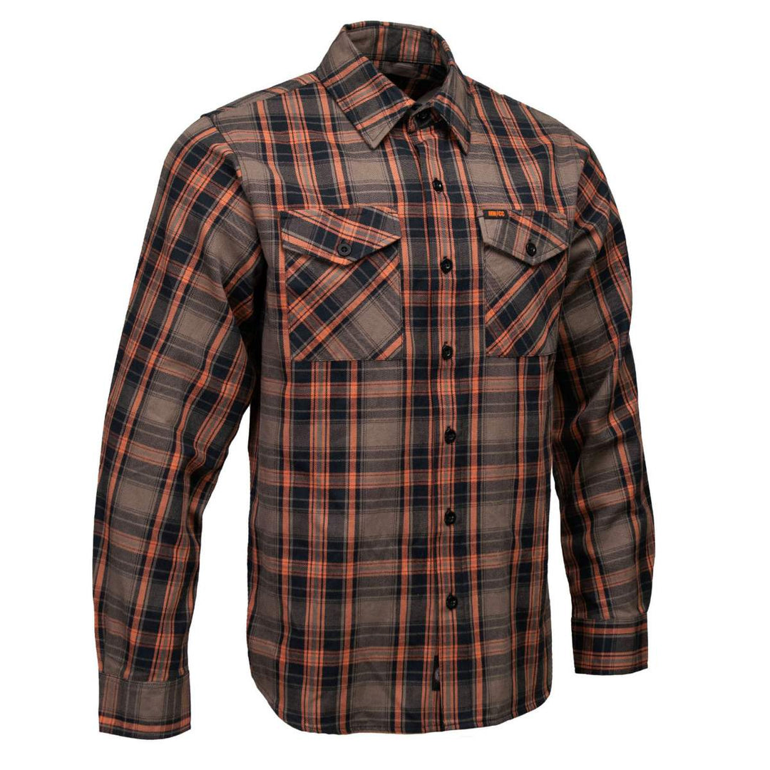 MMCC Men's Brimstone Plaid Black Orange Tan Flannel Shirt - 100% Cotton with Microfiber Wipe Panel - MMC11608