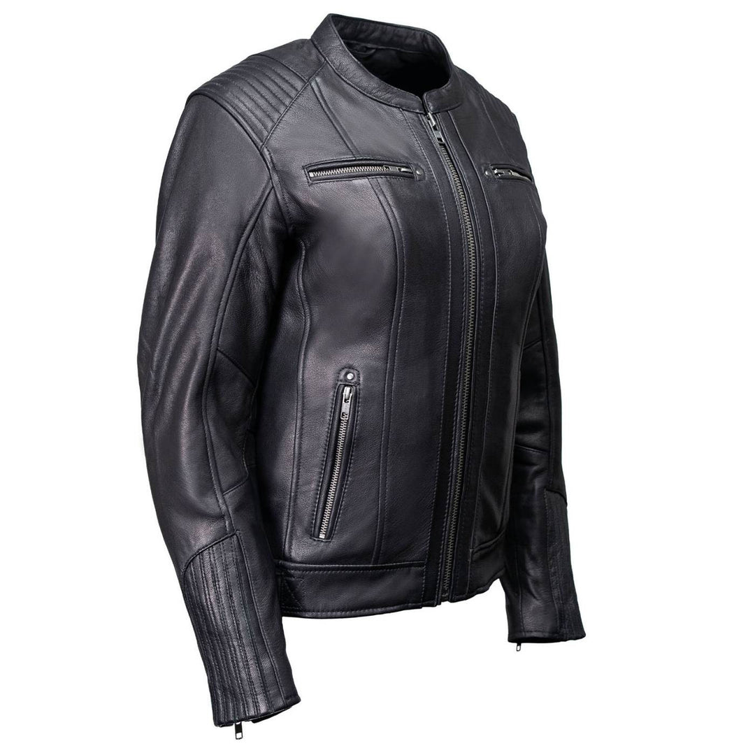 Milwaukee Motorcycle Clothing Co. Women’s Rebel Scooter Style Black Leather Biker Jacket w/ Mandarin Collar MMC20002