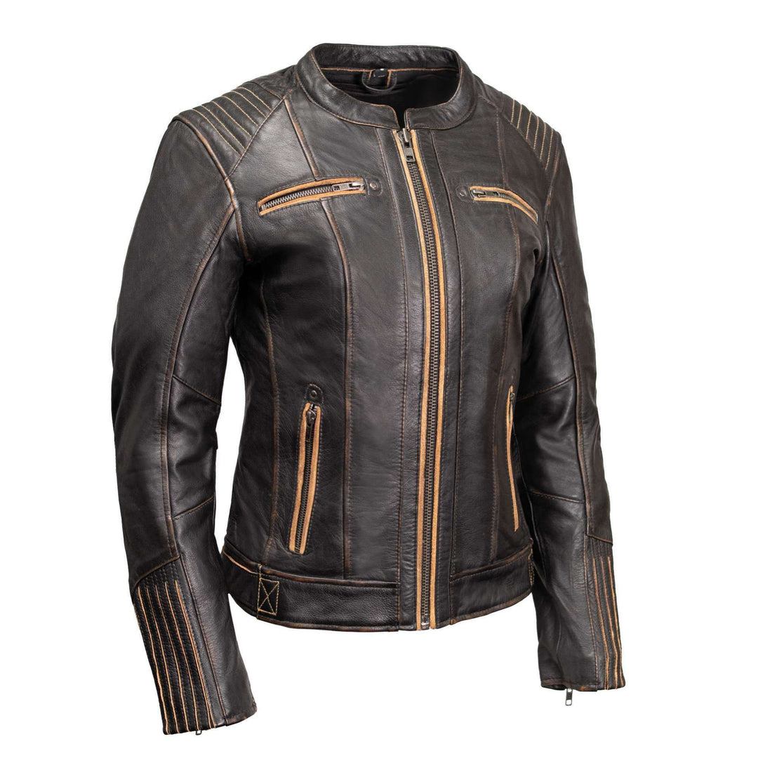 Milwaukee Motorcycle Clothing Co. Women’s Rebel Scooter Style Vinage Brown Leather Jacket w/ Mandarin Collar MMC20003