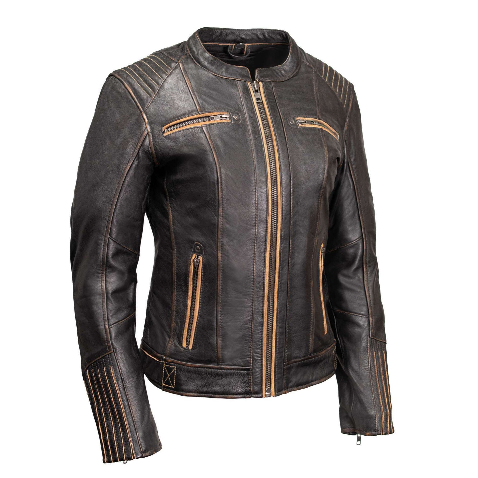 Milwaukee Motorcycle Clothing Co. Women’s Rebel Scooter Style Vinage Brown Leather Jacket w/ Mandarin Collar MMC20003