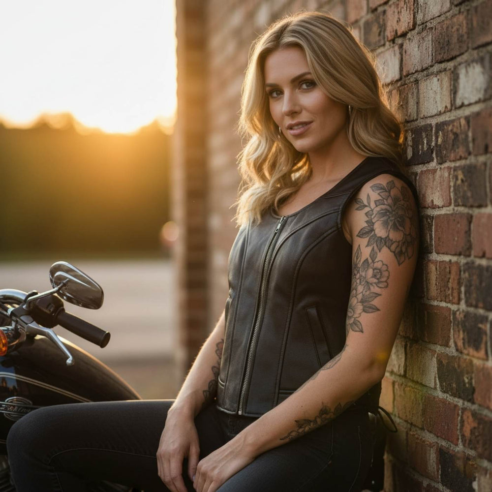 Milwaukee Motorcycle Clothing Co. Women's Rave Black Premium Leather Deep Neck Side Lace Vest MMC40000