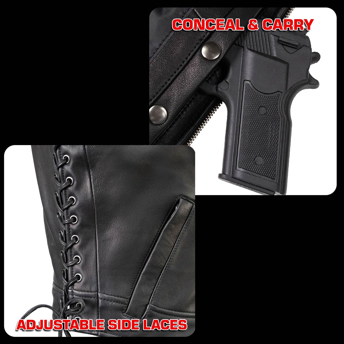 Milwaukee Motorcycle Clothing Co. Women's Rave Black Premium Leather Deep Neck Side Lace Vest MMC40000