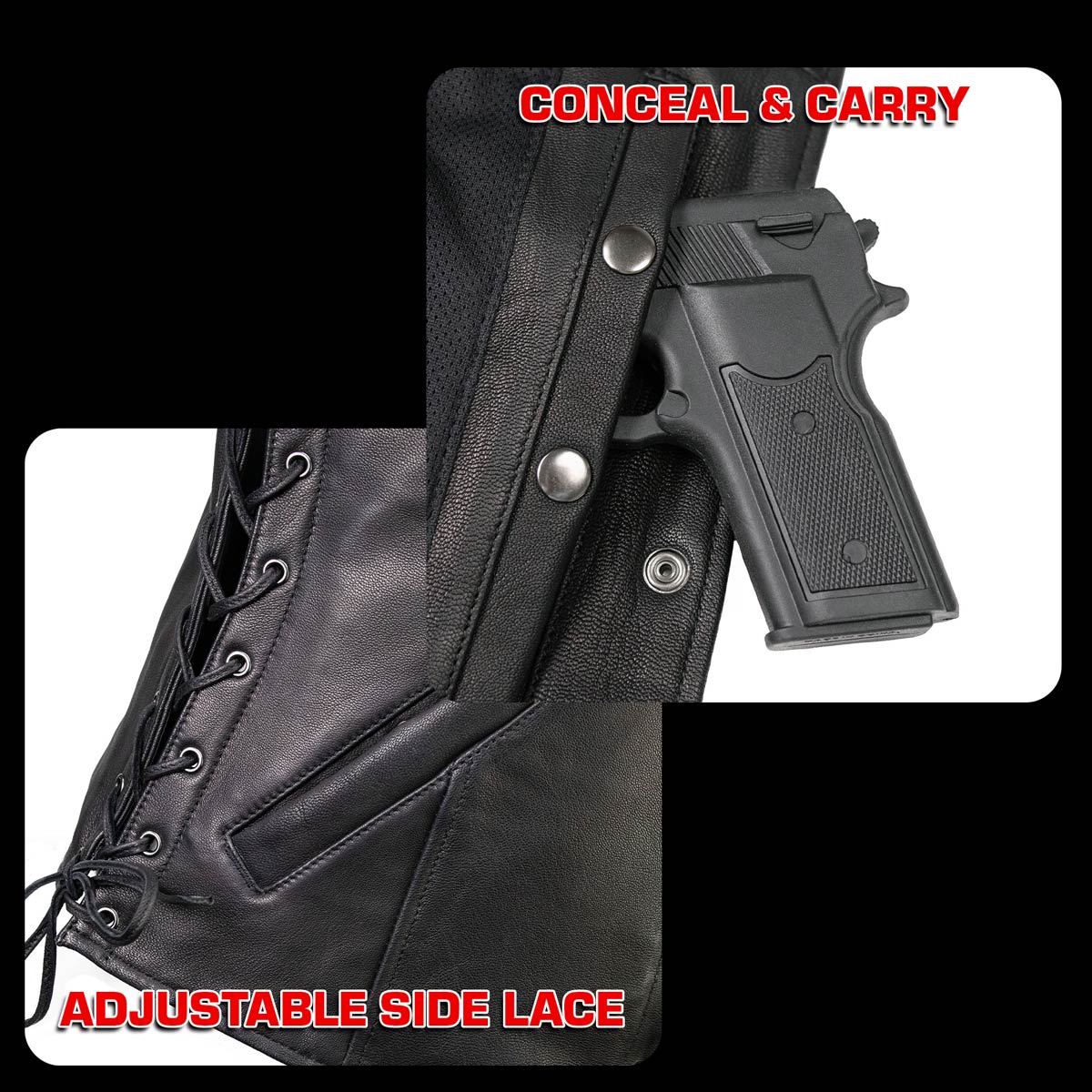 Milwaukee Motorcycle Clothing Co. Women's Born-Free Tall Sizes Black Leather Vest w/ V-Neck, Side Lace, Snap MMC40002