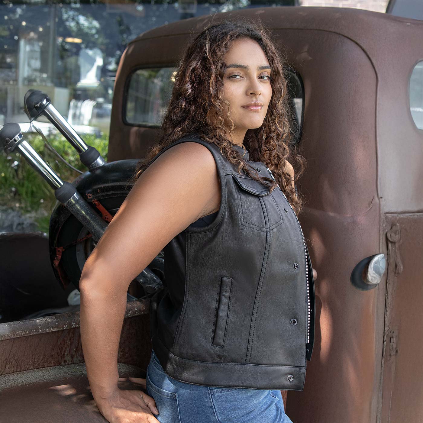 Milwaukee Motorcycle Clothing Co. Women's Girls-Club Black Leather Scooter Style Vest w/ Mandarin Collar MMC40005