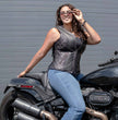Milwaukee Motorcycle Clothing Co. Women’s Liberty Black and Purple Leather V-Neck Biker Vest w/ Side Lacing MMC40006