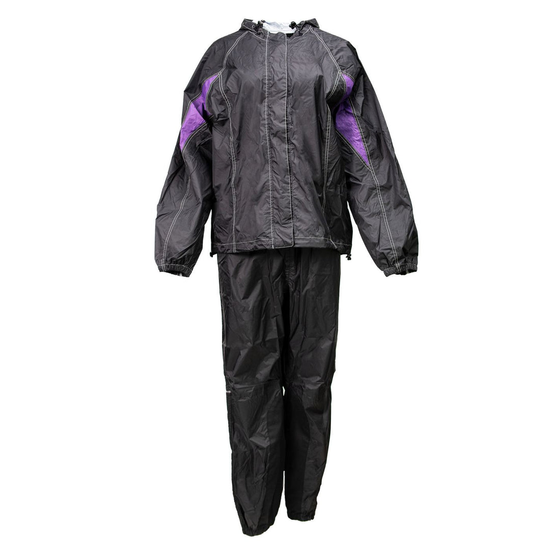 bikers rain gear Milwaukee Leather MPL9601 Women's Black and Purple Water Resistant Rain Suit w/Reflective Material and Hoodie