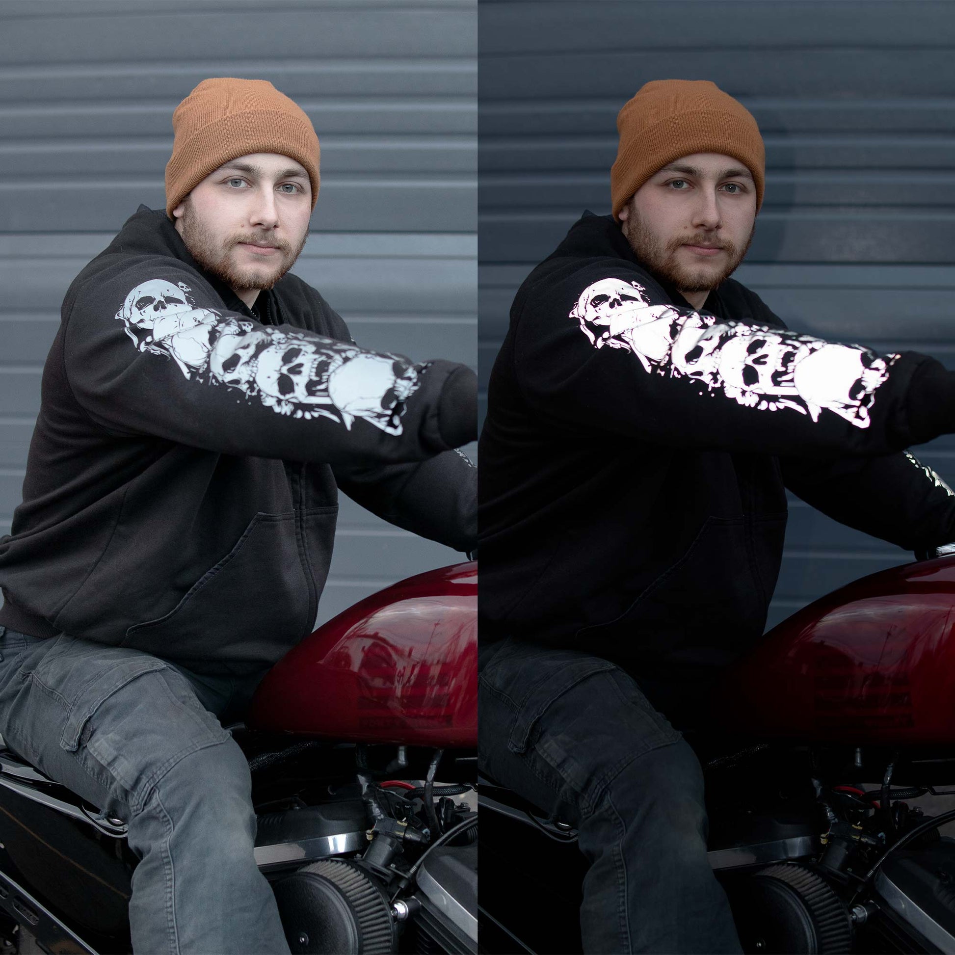 MMCC Men’s Bare Bones Riding Hoodie – Premium Cotton, Reflective Skull Sleeve, Full Zip - MPM1680