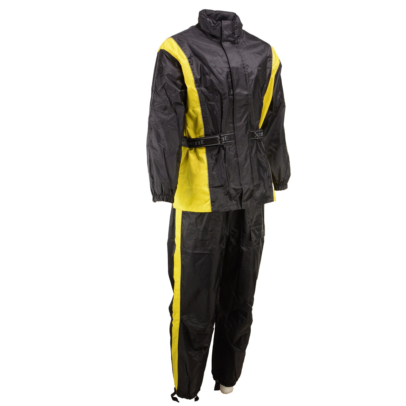 Xelement RN4782 Men's Black and Yellow 2-Piece Motorcycle Rain Suit with Boot Strap