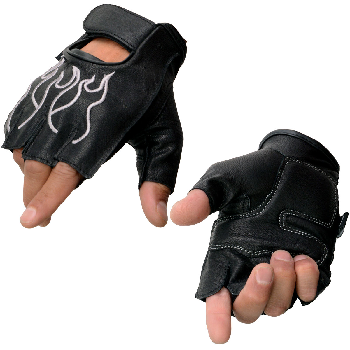 Xelement XG198 Men's Embroidered 'Flamed' Fingerless Black and Gray Motorcycle Leather Gloves