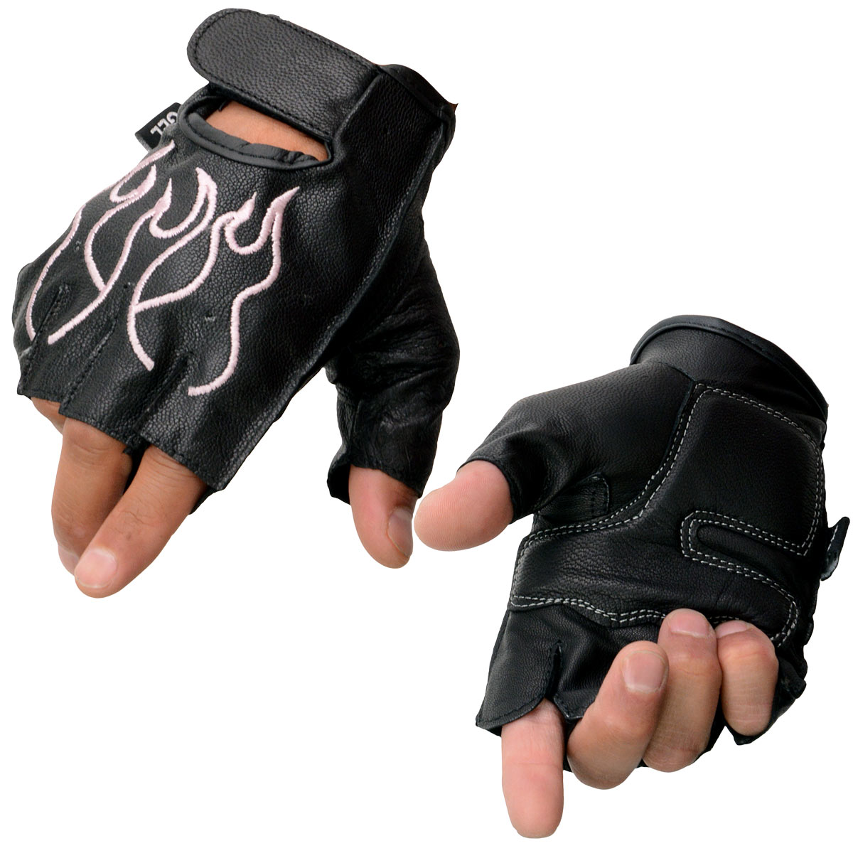 Xelement XG198 Women's Embroidered 'Flamed' Fingerless Black and Pink Motorcycle Leather Gloves