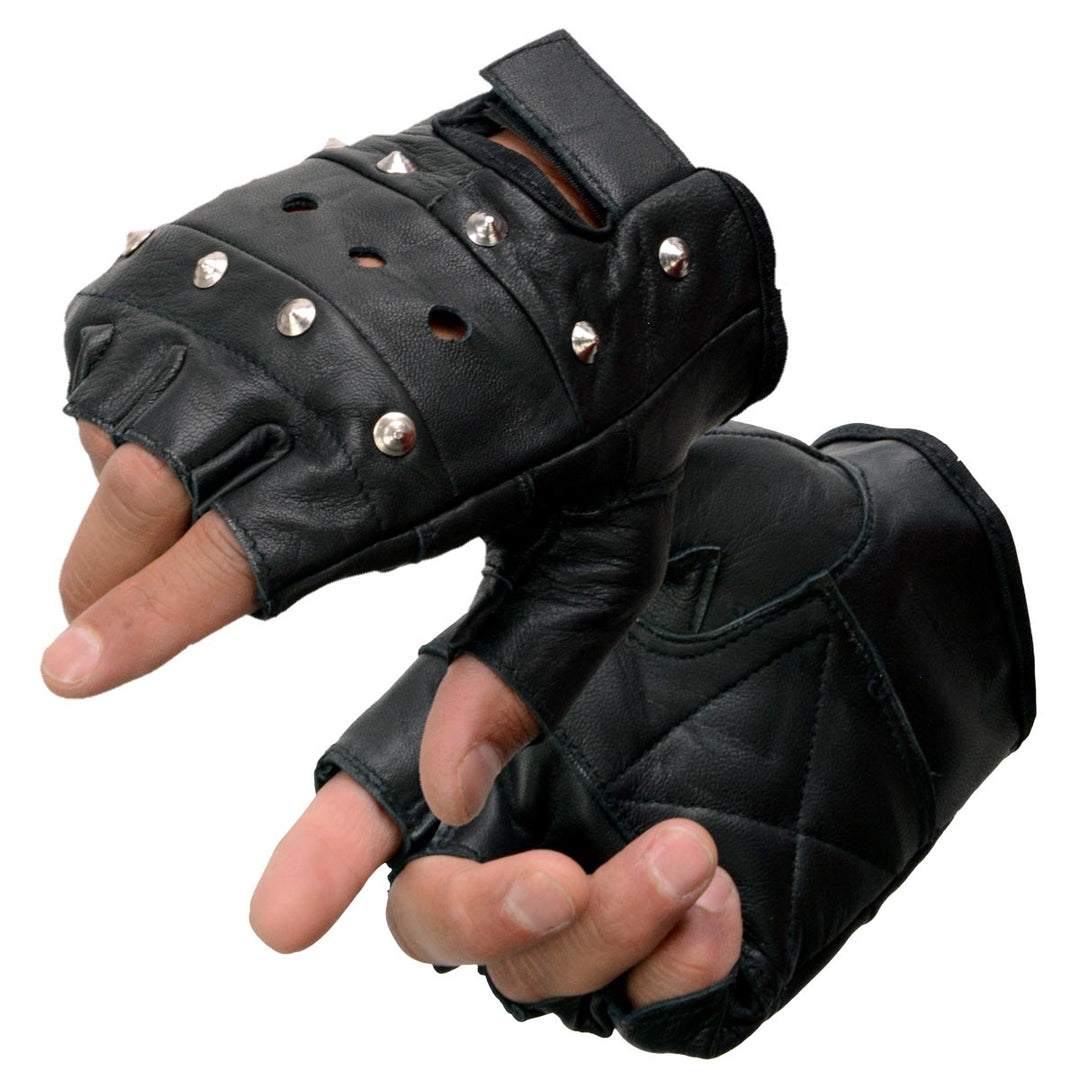Milwaukee Leather SH211 Men's 'Studded' Black Leather Fingerless Gloves With Padded Palms