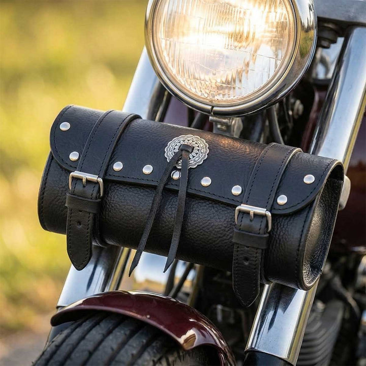 Milwaukee Leather SH62602 Black Small PVC Double Strap with Rivet’s and Concho Windshield-Tool Bag