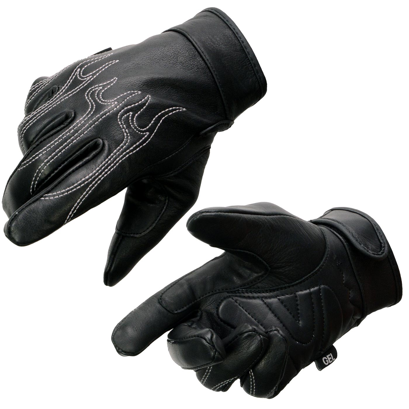 Milwaukee Leather SH820 Men's Black Leather ‘White Flame’ Cruising Hand Gloves W/ Gel Palm