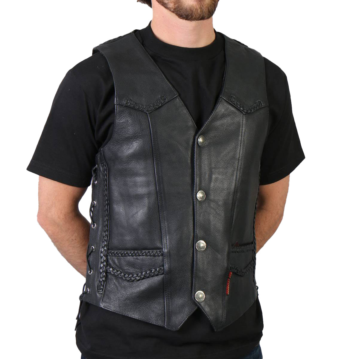 Hot Leathers VSM1008 Men's Black 'Buffalo Nickel Snap' Leather Vest